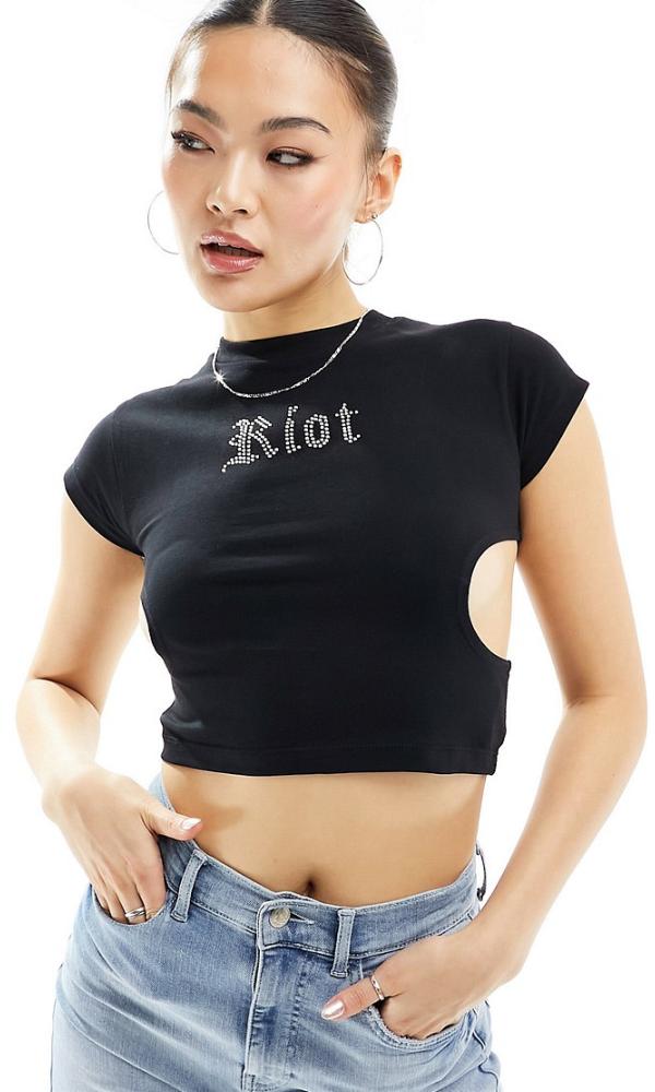 Liquor N Poker riot cut out t-shirt with diamantes in black