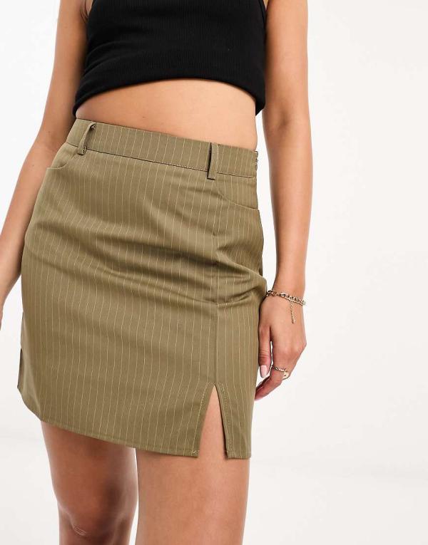 Lola May tailored mini skirt in taupe stripe-Neutral