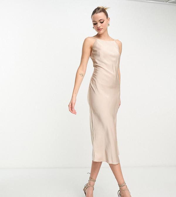Lola May Tall satin cami midaxi dress with pearl effect straps in champagne-Neutral
