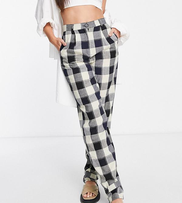 Lola May Tall tie cuff tailored pants in check-Black