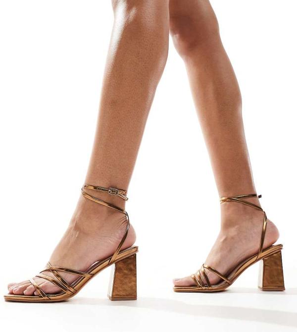 London Rebel Audrey Wide Fit block heel strappy sandals in bronze-Brown