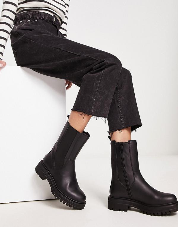London Rebel Leather chunky chelsea boots in black
