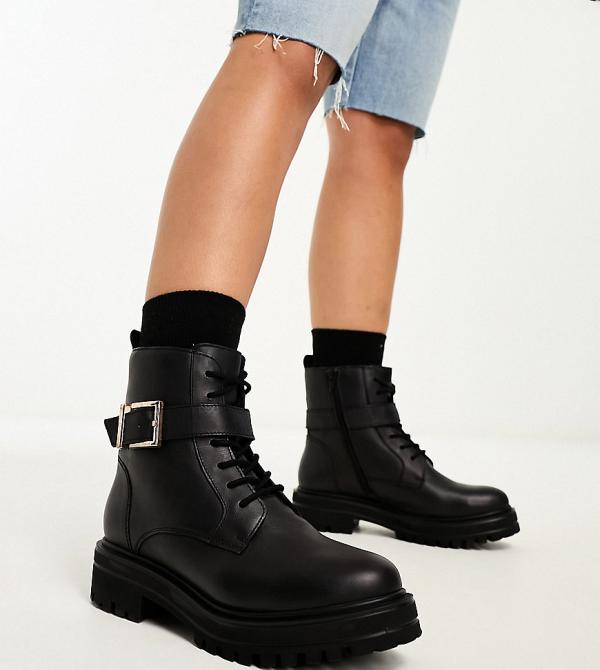 London Rebel Leather Wide Fit buckle lace up boots in black
