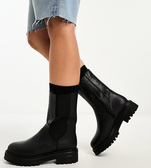 London Rebel Leather Wide Fit chunky chelsea boots in black
