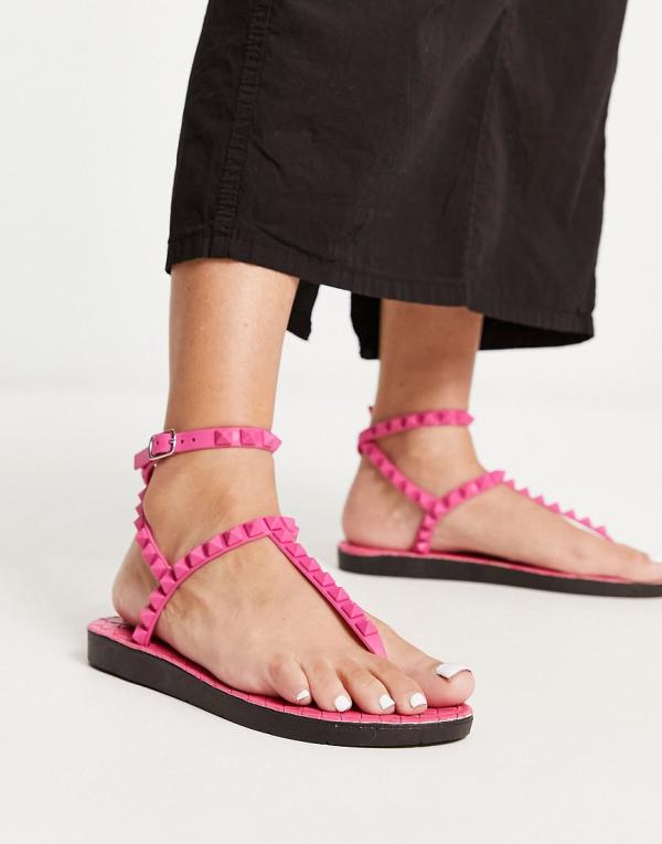London Rebel studded t-bar ankle strap jelly sandals in pink-Multi