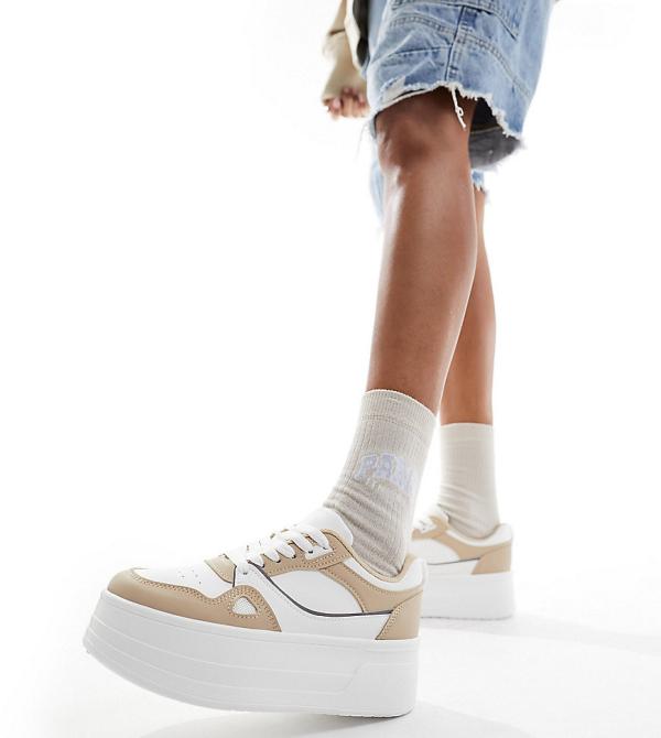 London Rebel Wide Fit chunky panelled flatform sneakers in white and beige