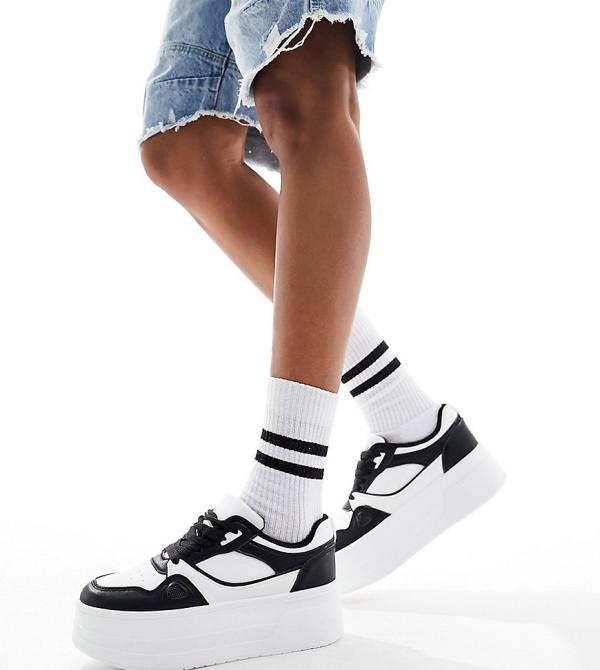 London Rebel Wide Fit chunky panelled flatform sneakers in white and black
