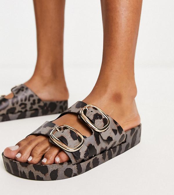 London Rebel Wide Fit double buckle footbed sandals in leopard-Multi