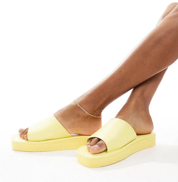London Rebel Wide Fit flatform nineties sandals with square toe in yellow-Multi