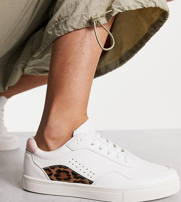 London Rebel Wide Fit panelled lace up sneakers in beige and leopard mix-Neutral
