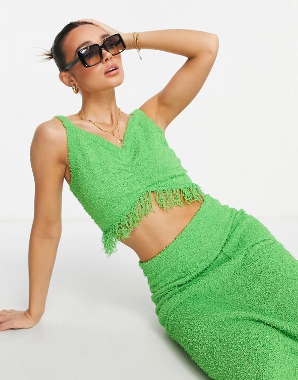 Lost Ink textured cami fringe top in green (Part of a set)