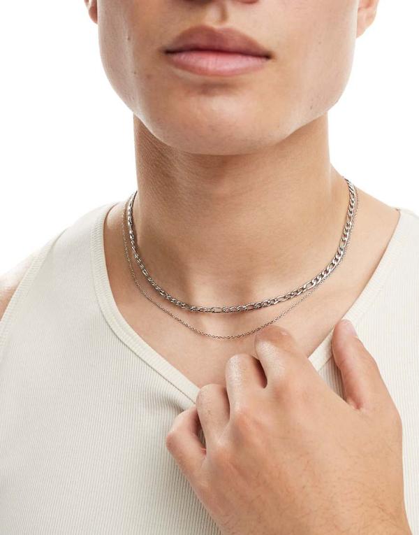 Lost Souls multi-layer figaro and thin chain necklace in stainless steel-Silver