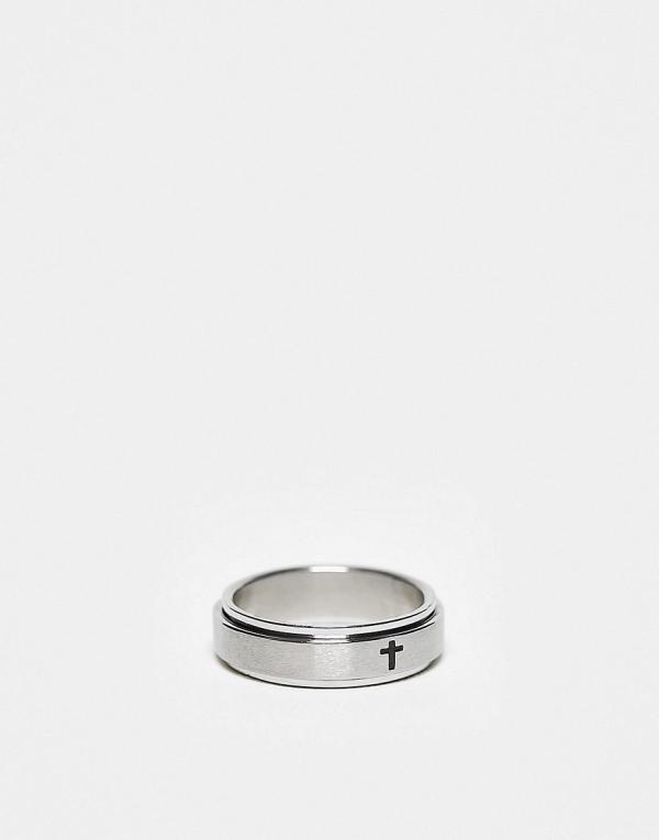 Lost Souls stainless 5mm steel flip band ring with engraved cross in platinum-Silver