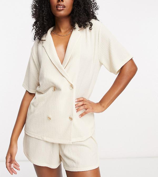 Loungeable boxy pyjama shirt and runner shorts set in beige-Neutral