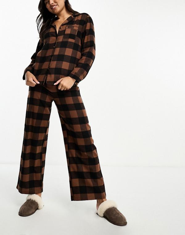 Loungeable brushed cotton long sleeve buttoned pyjama shirt and pants set in checked chocolate brown