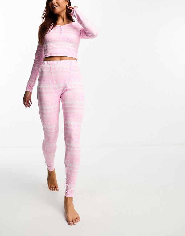 Loungeable jersey button up long sleeve top and leggings in pink fair isle print