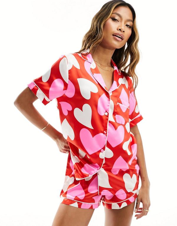 Loungeable satin revere short sleeve shirt and shorts pyjama set in heart print-Red