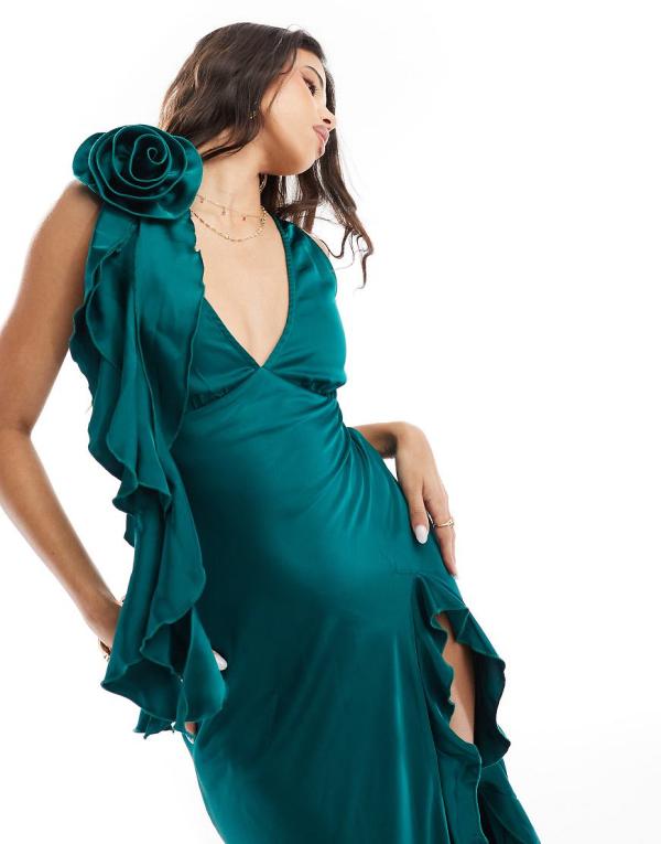 Love Triangle satin plunge maxi dress with corsage in emerald green