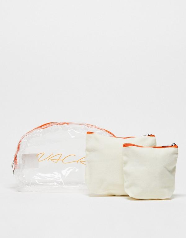 Madein. 3 pack vacay cosmetics bags in clear and orange