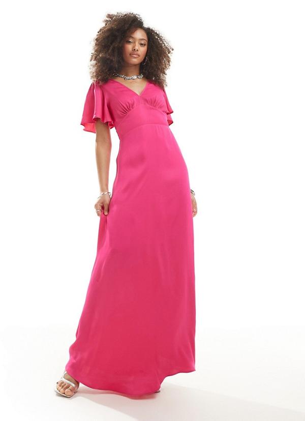 Maids to Measure Bridesmaid flutter sleeve maxi dress in bright pink