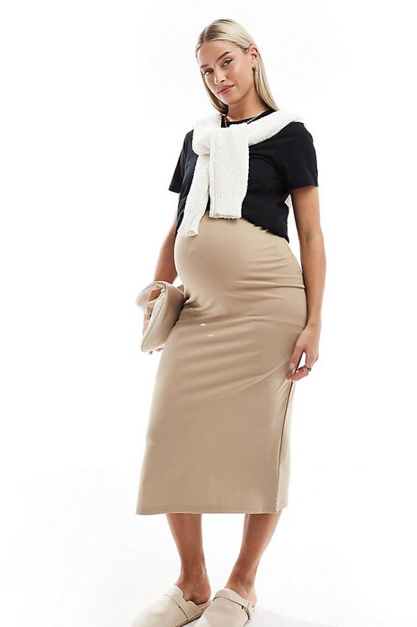 Mamalicious Maternity jersey ponte midi skirt in beige-Neutral