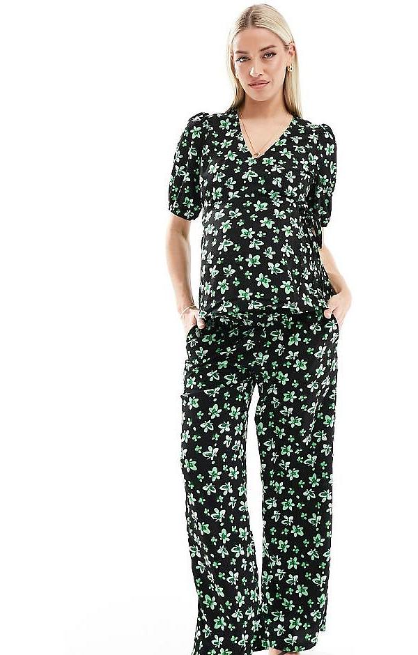 Mamalicious Maternity relaxed under the bump pants in palm flower print (part of a set)-Black