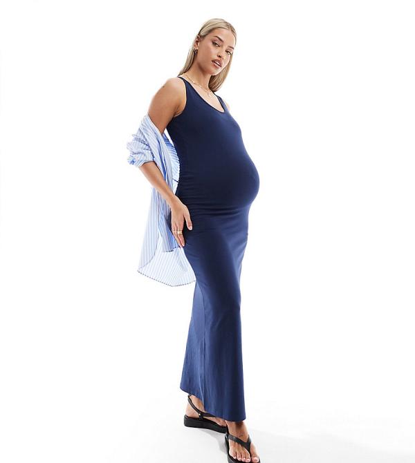 Mamalicious Maternity scoop neck sleeveless maxi dress in navy-Blue