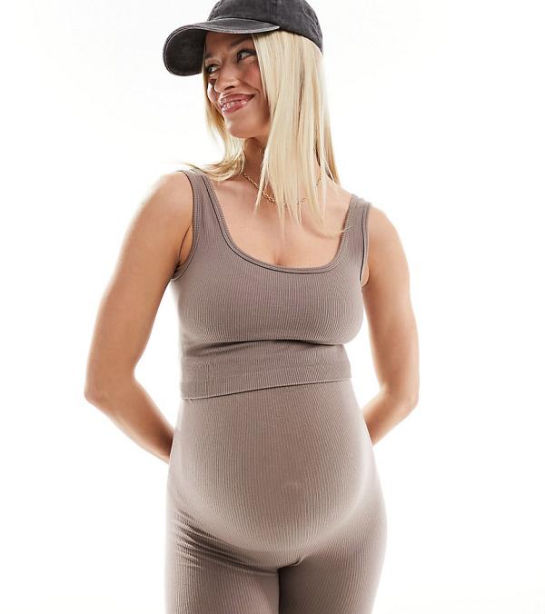 Mamalicious Maternity seamless ribbed cropped top in taupe (part of a set)-Neutral