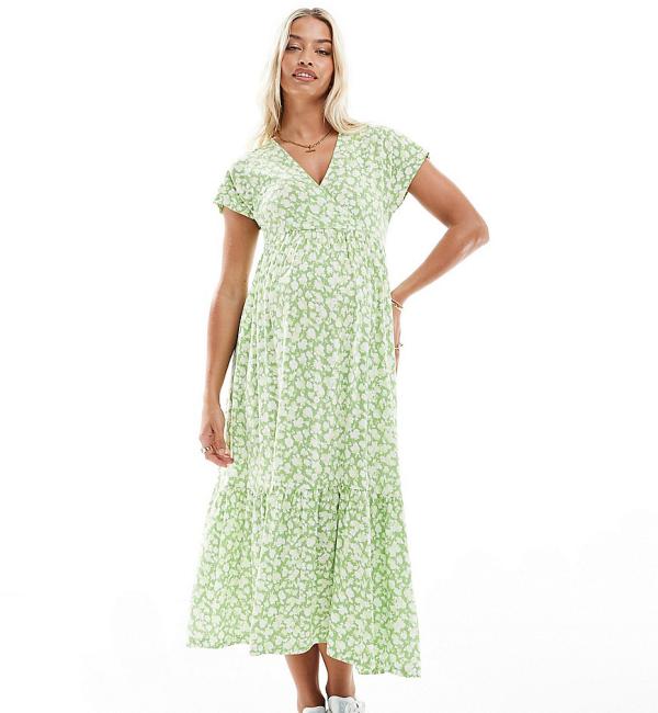 Mamalicious Maternity v neck midi dress in green floral print-Multi