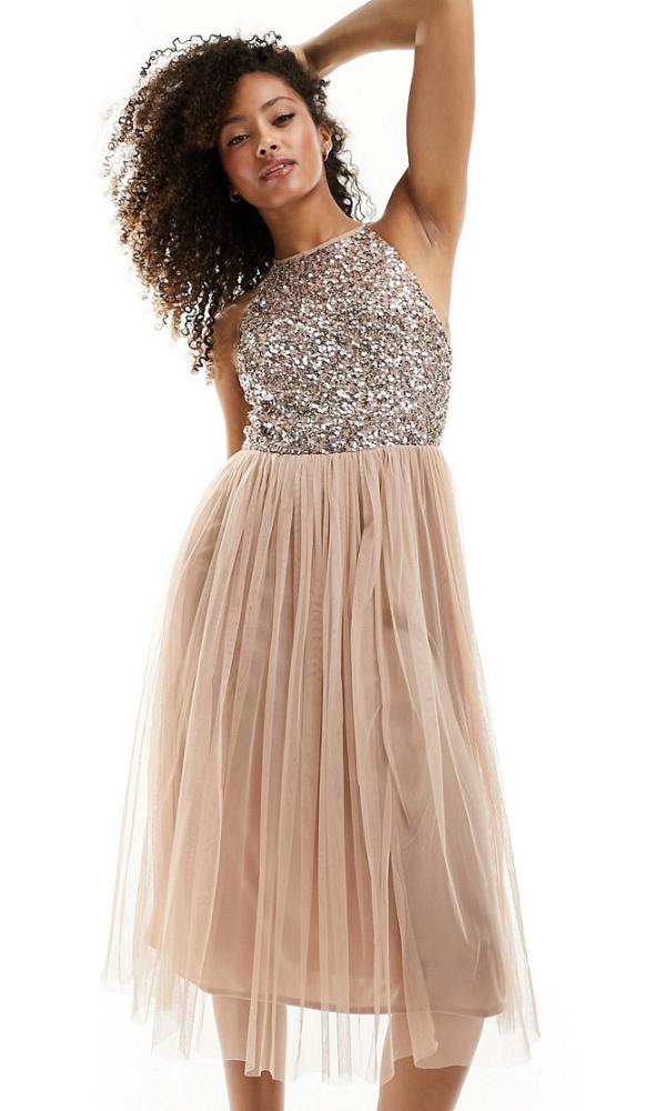 Maya Bridesmaid halterneck midi tulle dress with tonal delicate sequins in muted blush-Neutral