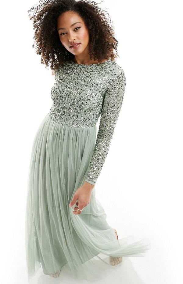 Maya Bridesmaid long sleeve maxi tulle dress with tonal delicate sequin in sage green