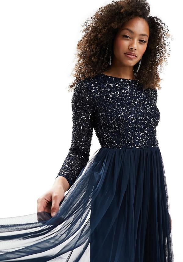 Maya Bridesmaid long-sleeved maxi tulle dress with tonal delicate sequins in navy