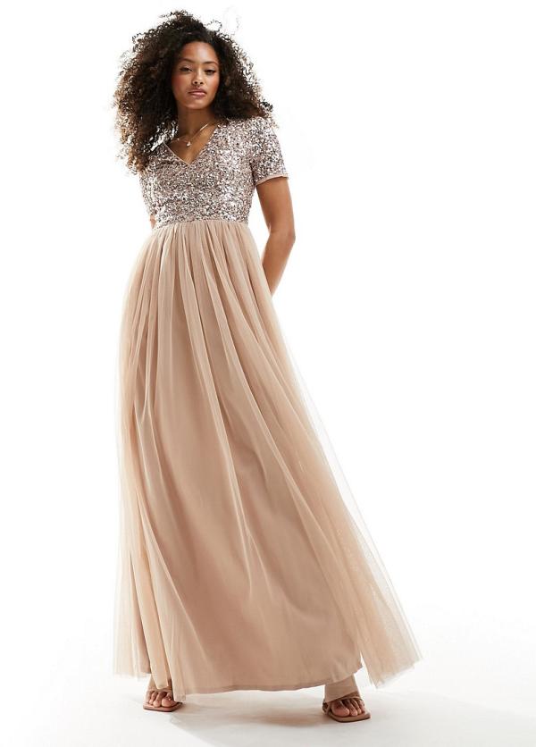 Maya Bridesmaid short sleeve maxi tulle dress with tonal delicate sequins in muted blush-Neutral