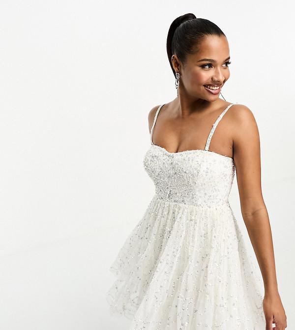 Maya Petite Bridal all over embellished mini dress with full skirt in ivory-White