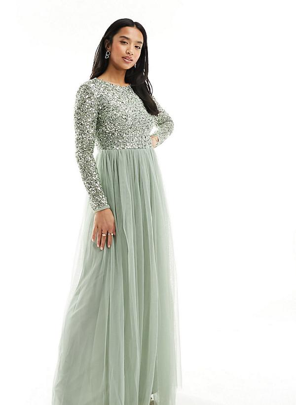 Maya Petite Bridesmaid long sleeve maxi dress with delicate sequin in sage green