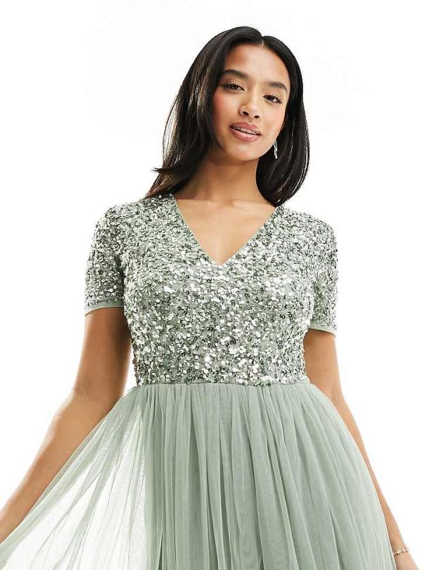 Maya Petite Bridesmaid short sleeve maxi tulle dress with tonal delicate sequins in sage green