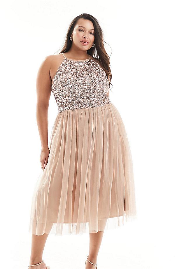 Maya Plus Bridesmaid halterneck midi tulle dress with sequins in muted blush-Neutral