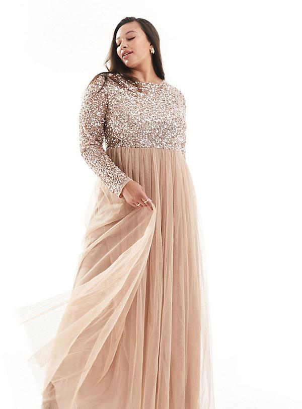 Maya Plus Bridesmaid long sleeve maxi tulle dress with tonal delicate sequin in muted blush-Neutral