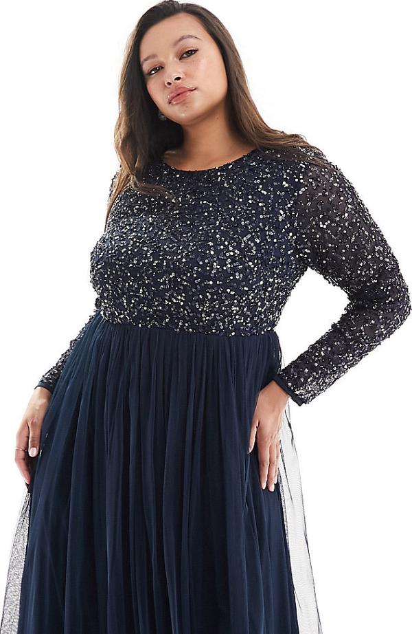 Maya Plus Bridesmaid long-sleeved maxi tulle dress with tonal delicate sequins in navy