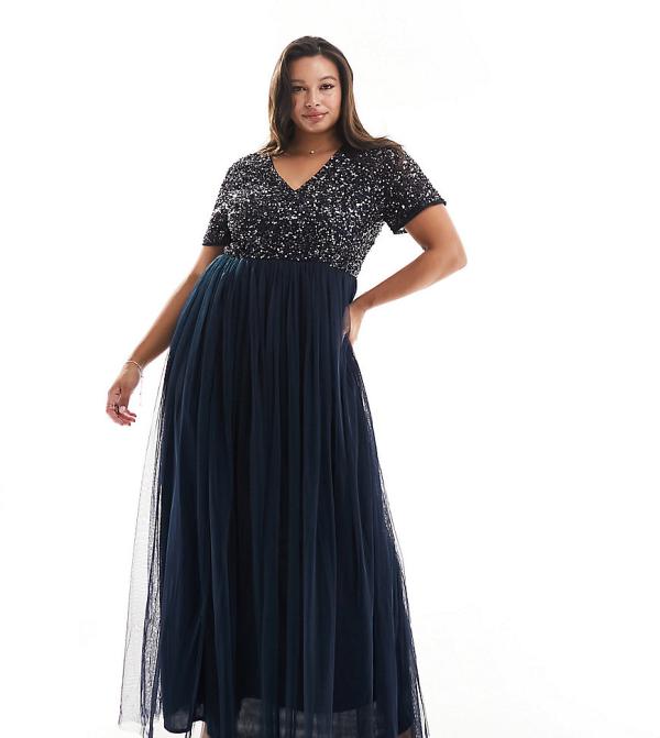 Maya Plus Bridesmaid short-sleeved maxi tulle dress with tonal delicate sequins in taupe navy