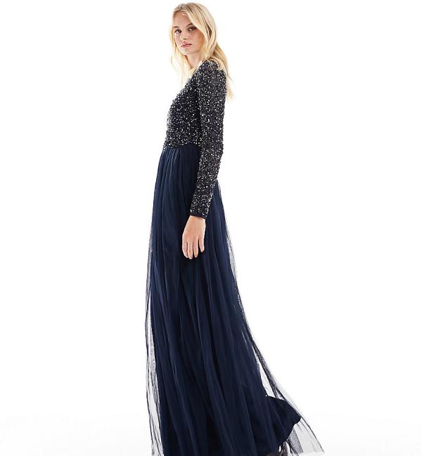 Maya Tall Bridesmaid long-sleeved maxi tulle dress with tonal delicate sequins in navy