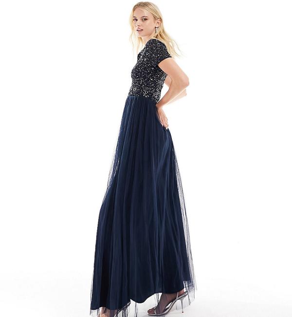 Maya Tall Bridesmaid short sleeve maxi tulle dress with tonal delicate sequin in navy