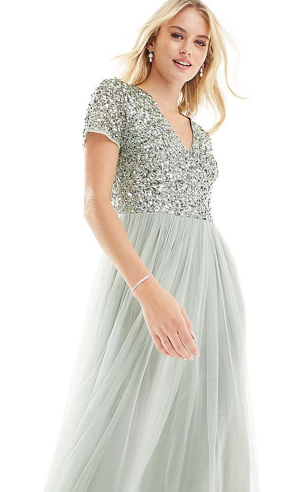Maya Tall Bridesmaid short sleeve maxi tulle dress with tonal delicate sequins in sage green