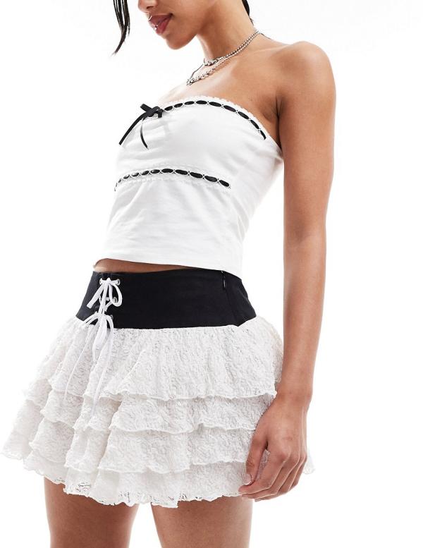 Minga London lace-up belted frill mini rara skirt in white