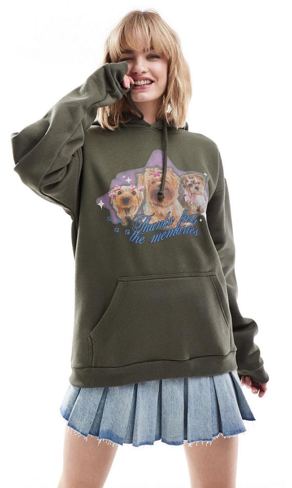 Minga London oversized hoodie with cute dogs graphic in khaki-Green
