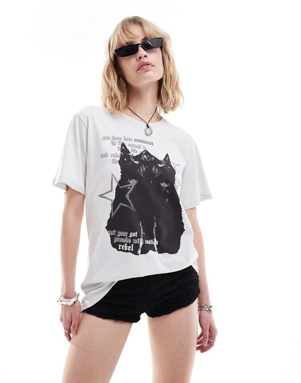Minga London oversized t-shirt with black cat graphics in off white