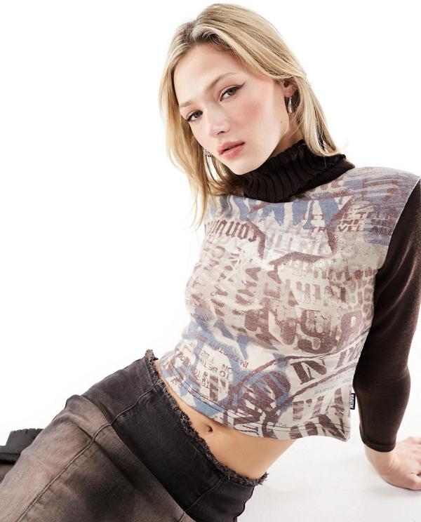 Minga London roll neck fitted top with contrast mix graphic in brown-Multi