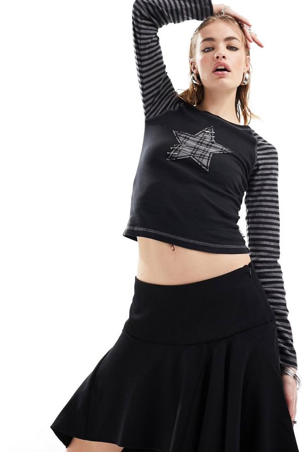 Minga London stripe sleeve fitted long sleeve top with star patch in black and grey