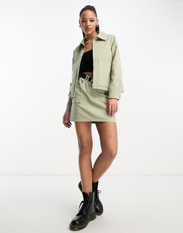 Miss Selfridge cargo utility pleated mini skirt with contrast stitching and buckle belt in khaki (part of a set)-Green
