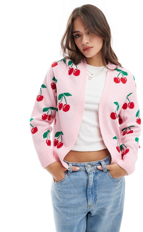 Miss Selfridge cherry print knitted cardigan-Pink